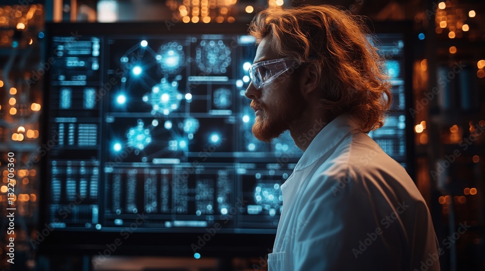 Poster A researcher studies quantum mechanics on a digital interface, focusing on concepts like qubits, entanglement, and superposition while surrounded by laboratory equipment and data visualizations.
