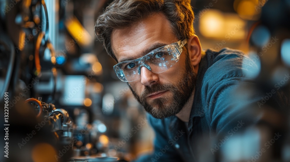 Poster A researcher studies quantum mechanics concepts involving qubits, superposition, and entanglement while conducting experiments in a modern physics laboratory.