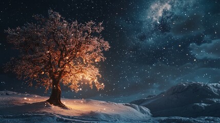 Festive winter scene with a Christmas tree glowing under a starry night sky capturing the warmth and beauty of seasonal celebrations