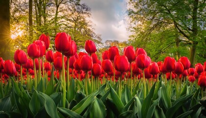 Bright Vivid Red Tulips Blossoming amidst the Colorful Keukenhof Gardens, Painted by Natures Brush in Springtime Lisse, South Holland, Netherlands.
