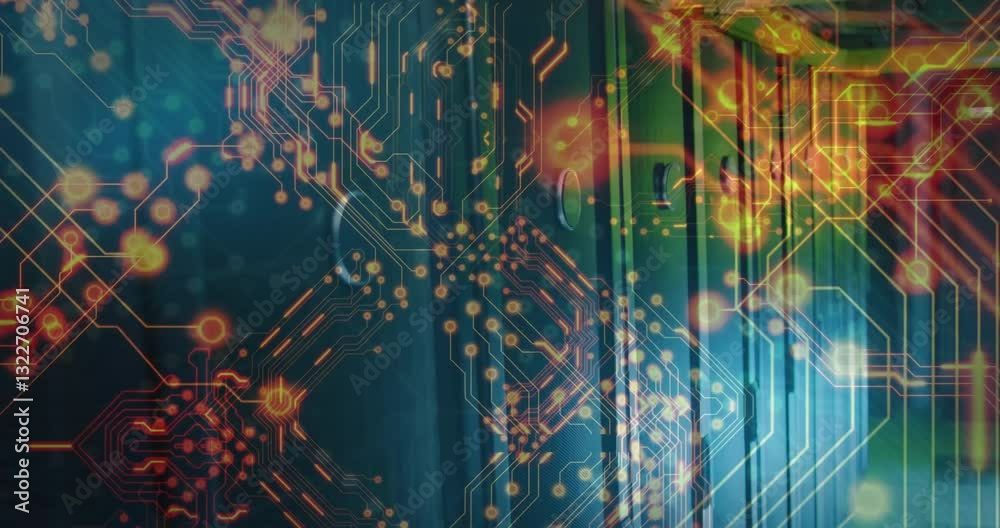 Poster glowing lights on circuit board pattern creating animation over tech background