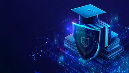 Knowledge Shield: A conceptual image of a graduation cap atop a stack of books, protected by a glowing shield, representing academic safety and the safeguarding of education in a futuristic setting. 
