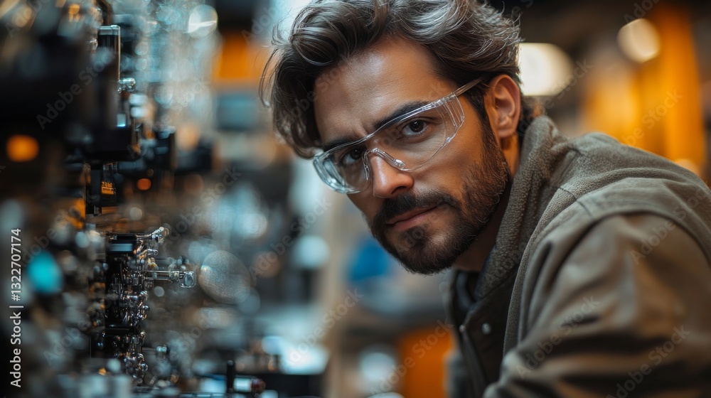 Poster A scientist works intently on a quantum mechanics experiment, surrounded by advanced equipment that explores concepts like superposition and entanglement.