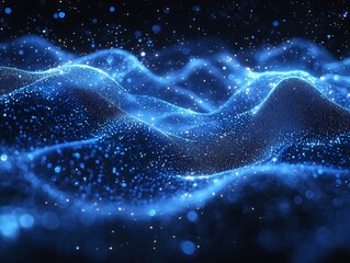 Abstract representation of blue wave formations and glowing particles