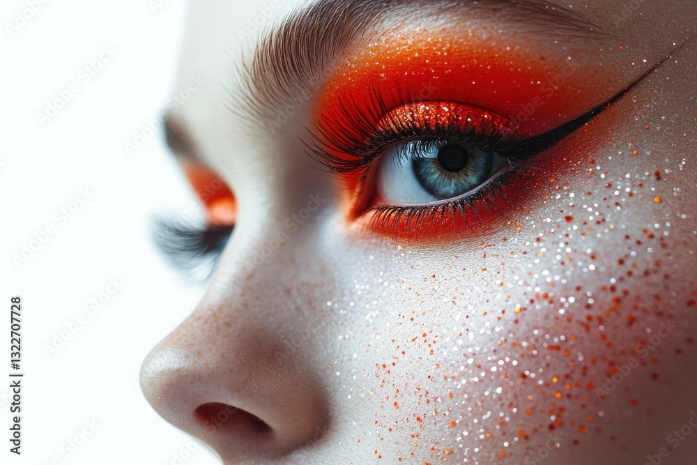 Poster creative makeup application showcasing bold glitter and striking colors for artful expression in a c