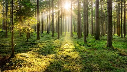 Enchanting Forest Panorama Bathed in Sunlight, Majestic Trees Surrounded by Golden Rays, A Tranquil Winter Wonderland Bursting with Life and Serenity