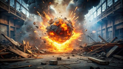 Fiery Debris Explosion in a Derelict Structure A Dramatic Scene of Intense Destruction