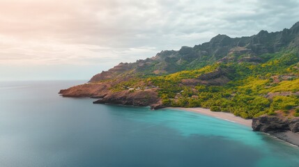 Serene Coastal Landscape with Lush Greenery and Calm Waters