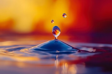 Colorful Water Droplet Splash with Reflections on Fluid Surface