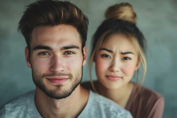 Young couple poses closely together expressing casual affection in a modern indoor setting during the daytime