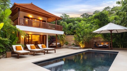 Fototapeta premium Serene Tropical Villa with Private Pool Surrounded by Lush Greenery