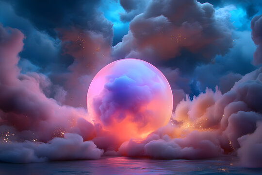 Stunning Gender Reveal Celebration - Mystical Glowing Orb with Pink and Blue Mist, Ethereal Golden Sparkles in a Dreamy Celestial Environment