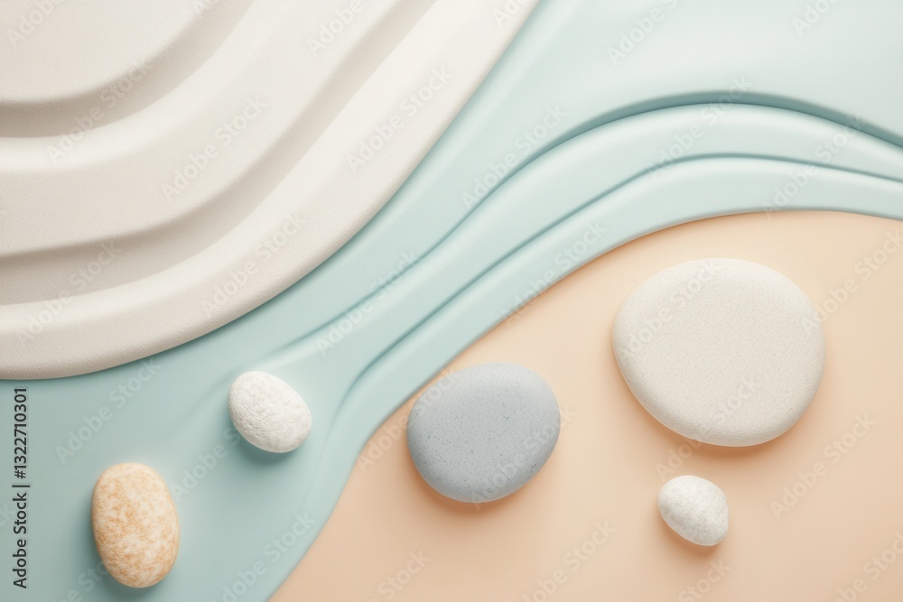 Poster calm zen-inspired composition of smooth pebbles on soft pastel textures for peaceful ambience and re