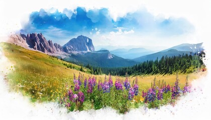 Vibrant Watercolor Summer Landscape with Wildflowers and Majestic Mountains A Digital Masterpiece Capturing the Essence of Serene Alpine Beauty.