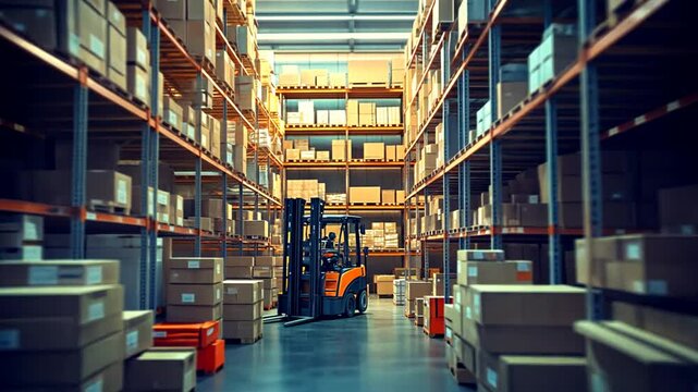 Forklift operator inside warehouse surrounded by cardboard boxes and storage shelves