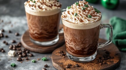Two mugs of rich, creamy coffee topped with whipped cream and cocoa powder. Festive holiday treat!