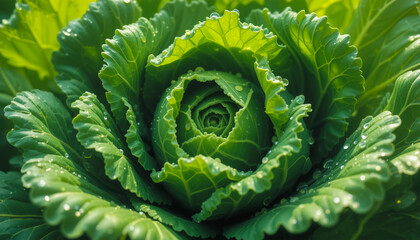 Fototapeta premium Close-up of fresh green lettuce with water droplets under soft sunlight.
