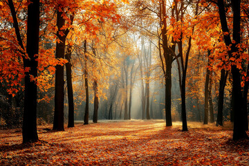 Fototapeta premium A Serene Autumn Landscape Featuring a Canopy of Trees with Vibrant Orange for