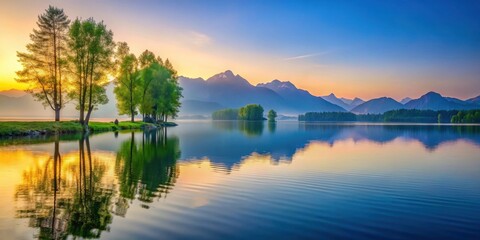 Fototapeta premium Serene Sunrise Over Still Lake and Majestic Mountains Reflecting in Tranquil Waters