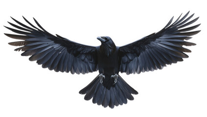 Fototapeta premium a majestic black raven spreads its wings wide against a white background showcasing its detailed feathers and powerful presence. beauty and elegance of bird in flight