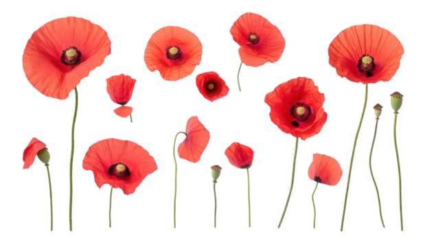 vibrant red poppy flowers in various sizes and orientations showcasing their delicate petals and green stems against a white background ideal for design or decoration purposes