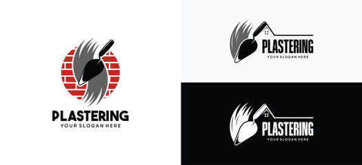Brick wall plastering logo vector design template with trowel silhouette symbol
