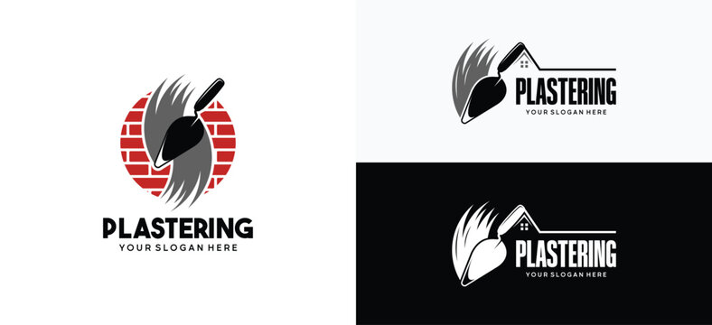 Brick wall plastering logo vector design template with trowel silhouette symbol