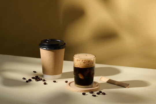 Refreshing Iced Coffee and Hot Beverage with Coffee Beans