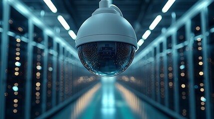 A security camera monitors a computer server data center hallway