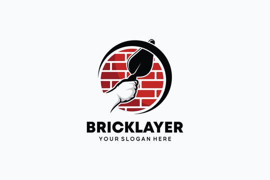 Vector illustration of hand holding trowel with brick symbol for bricklayer logo template