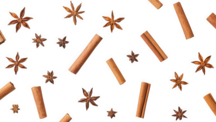 an arrangement of star anise and cinnamon sticks on a white surface showcasing their natural textures and colors ideal for culinary or decorative purposes