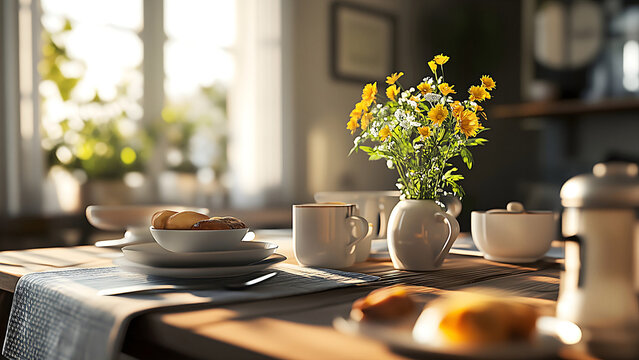 Cozy Breakfast Table with Delicious Morning Food - Fresh and Healthy Breakfast Spread in a Warm, Inviting Kitchen Setting