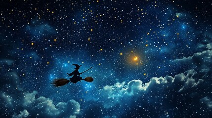 Obraz premium A Silhouette Witch Soaring Through a Starry Night Sky with Clouds and a Crescent Moon