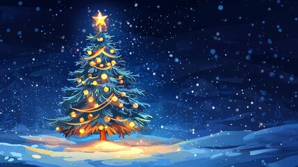 Holiday illustration of an elegant Christmas tree with glowing decorations set against a dark blue snowy background with magical light effects