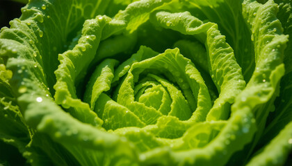 Fototapeta premium Fresh Green Lettuce Leaves with Dew Under Gentle Sunlight – Organic & Vibrant.