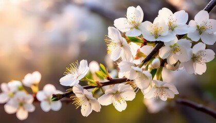 Vibrant white cherry blossoms cascading along a sunlit tree branch, ushering in the enchanting essence of springs bloom against a serene backdrop.