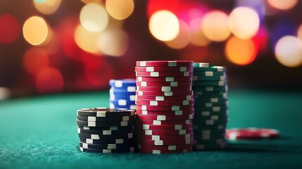 Casino Night: Stacks of Poker Chips on Green Felt Table