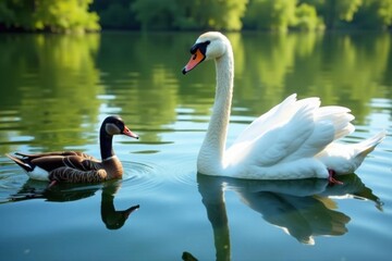 Obraz premium Two ducks swim near majestic swan on tranquil lake, elegant, reflection