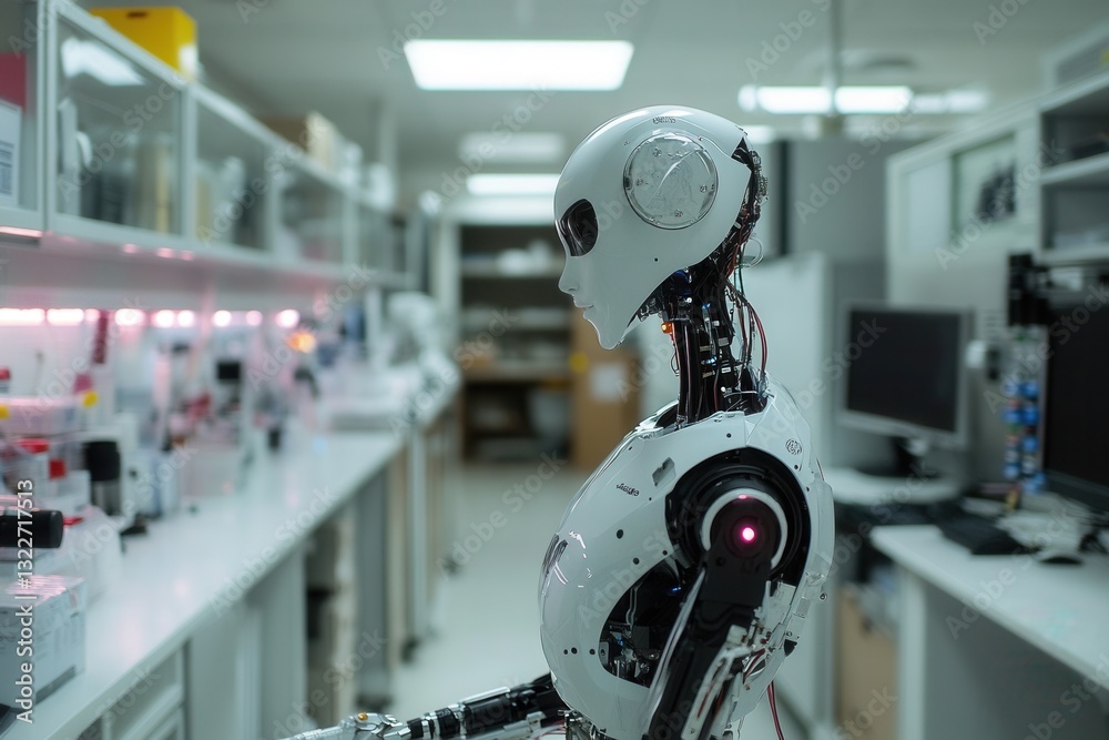 Poster High-tech laboratory featuring an advanced robot with intricate design and glowing elements working on scientific tasks