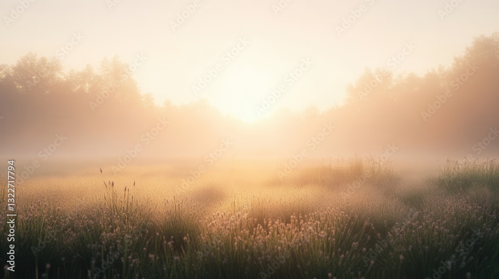 Poster serene lavender field at sunrise with soft mist and delicate golden light creating a tranquil atmosp