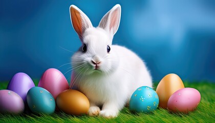 Playful White Easter Bunny Frolicking Amidst a Vibrant Field of Easter Eggs on a Lush Green Lawn, Basked in the Soothing Tones of a Tranquil Blue Skyscape.