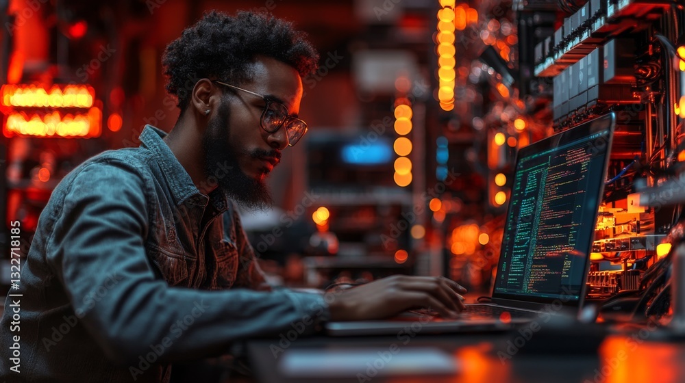 Fototapete A person focuses intently on a laptop displaying complex code, exploring quantum encryption techniques. Surrounding them are vivid lights and technology, indicating a research environment.