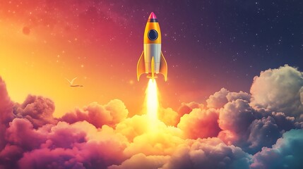 Rocket Launch into a Colorful Sunset Sky