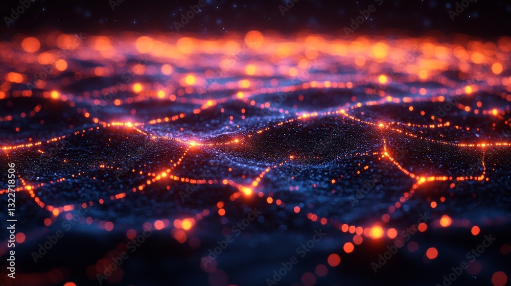 Fototapete Visual representation features a network of glowing particles representing qubits in a quantum computing framework. The design illustrates superposition and entanglement in a dynamic circuit setting.