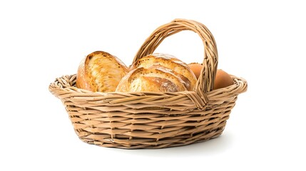 Bread in basket isolated on white background