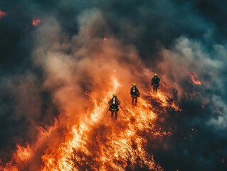 Naklejka premium Drone shot of firemen controlling a wild fire - ai