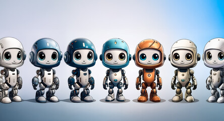 Seven adorable robots stand side-by-side, each boasting unique color accents against a clean, bright backdrop. They create a charming, futuristic lineup.