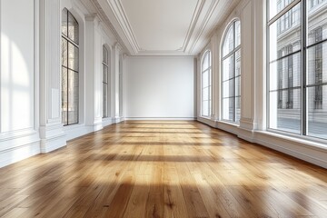 Obraz premium A large, empty white wall in a modern office with a wood floor and a large window, captured in high resolution.