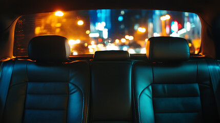 Empty rideshare backseat at night. city lights streak by creating sense of loneliness and anticipation for next passenger