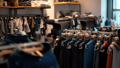 Obraz premium A clothing store interior showcasing various garments neatly arranged on racks and shelves, creating a stylish shopping atmosphere.